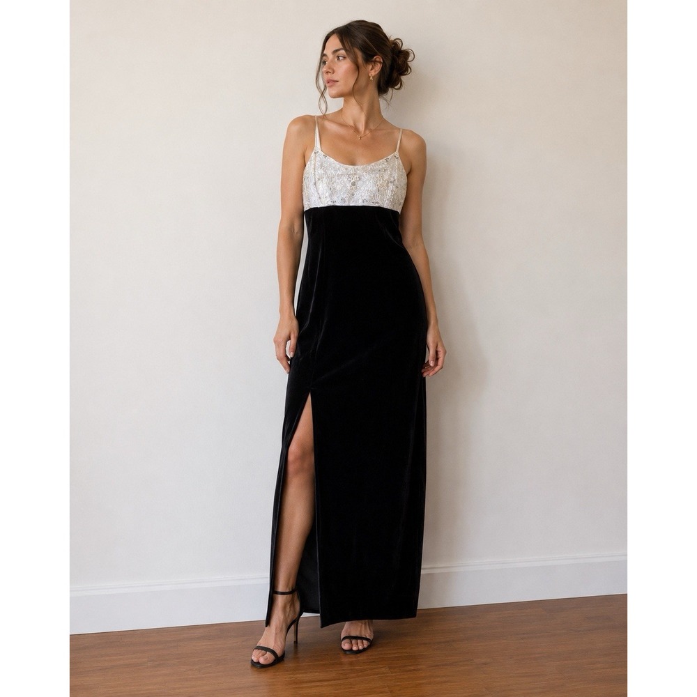 Jessica Mc.Clintock Gunne Sax Maxi Dress S/6 Black Velvet Spaghetti Straps Y2K